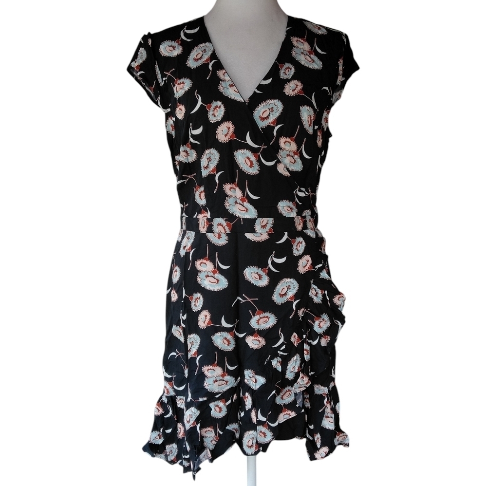 J. Crew Navy Blue Floral Faux Wrap Style Ruffle Trim Midi Dress Size 6